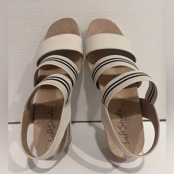 Life Stride Cream/Black Strappy Stretch Slip-in Platform Open Toe Sandals Sz 9 - Picture 4 of 14
